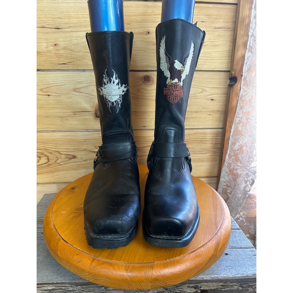Harley-Davidson Black Leather Riding Harness Boots with Embroidered Eagle
